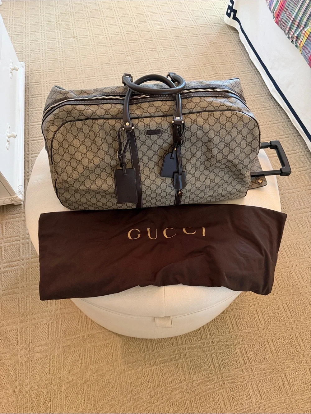 Authentic Gucci Beige Brown GG Supreme Rolling Duffel with Dark Brown Trim